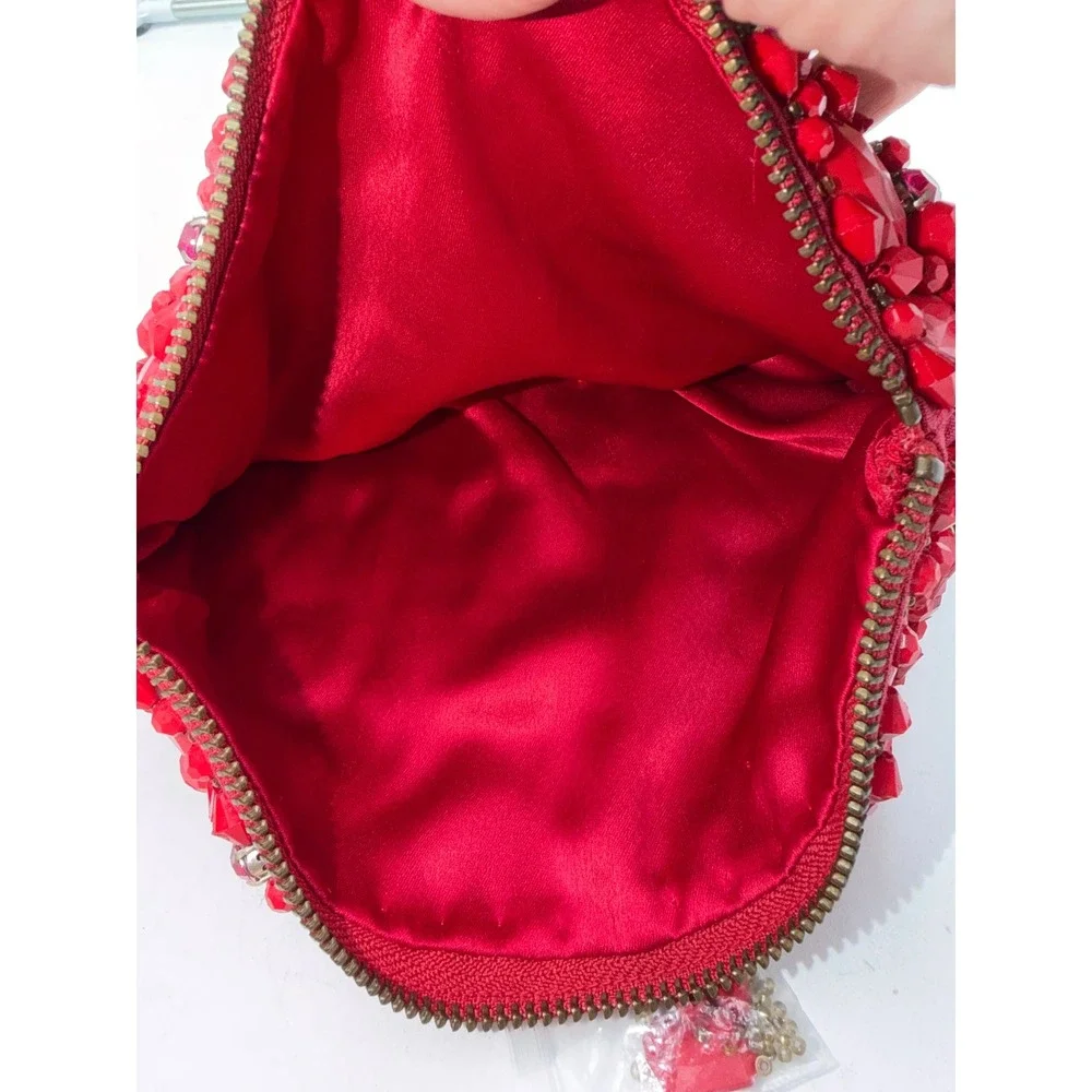 Red Beaded Rhinestone Embellished Zip Clutch Evening Bag with Spare Beads